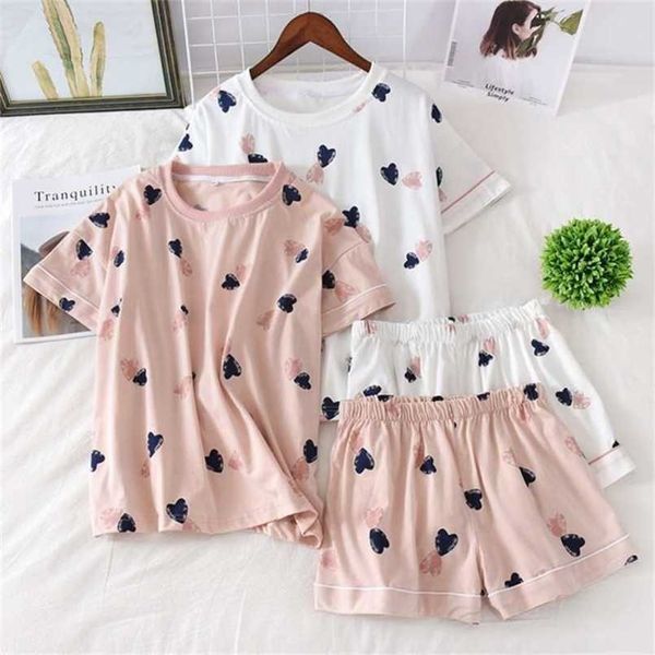 QWEEK Frauen Pyjamas Baumwolle Nachtwäsche Anzug Hause Kleidung Herz Druck Pijama Mujer Sommer Pyjamas Femme Nachthemd 210928