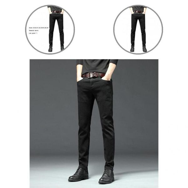 

men's jeans multi pockets stylish mid-waist straight black business for office, Blue
