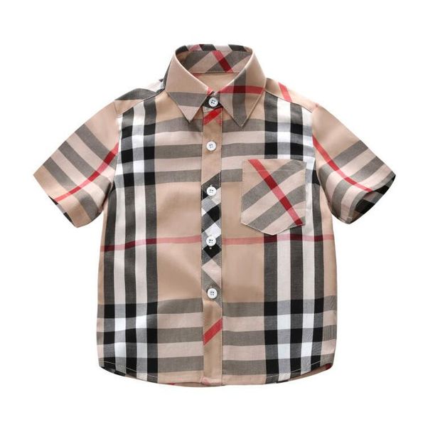 

children's summer shirt boys' short sleeve cotton plaid top, White;black