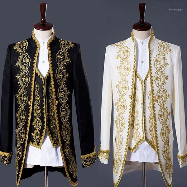 

men's suits & blazers 2021 vintage embroidery court style tuxedo suit three piece set, White;black