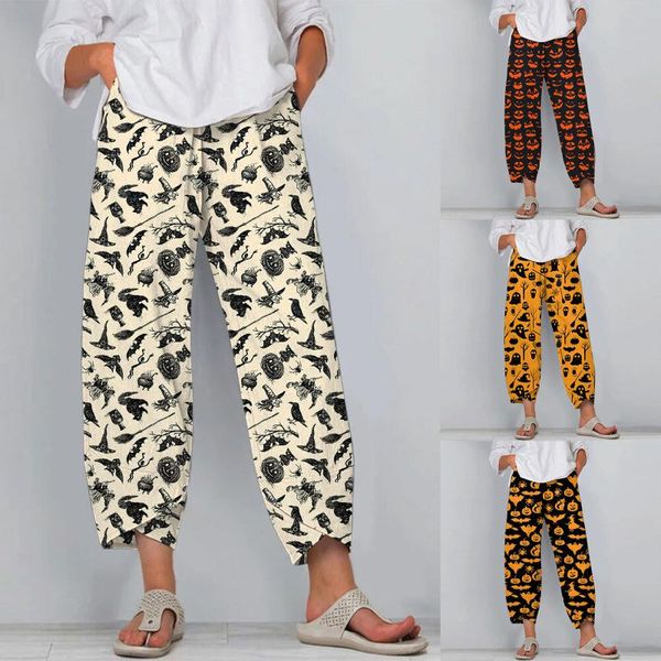 

yoga outfit halloween printed harem pants women trousers elastic waist cotton linen wide leg loose casual fitness sports