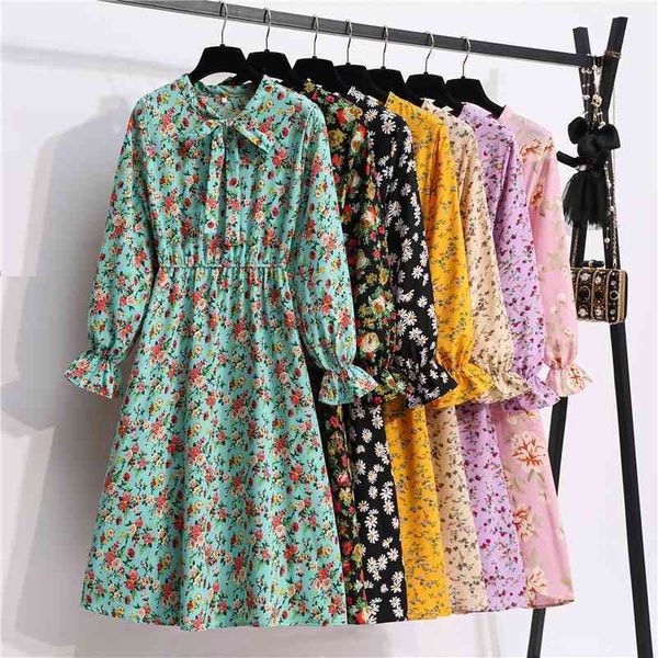 Vintage Primavera Vestido de Verão Mulheres Alta Cintura Elástica A-Linha Manga Longa Flor Impressão Slim Casual Midi Floral Camisa Vestido 210325