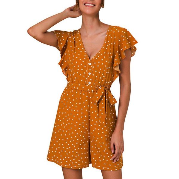 

women's jumpsuits & rompers heouty jumpsuit summer holiday women dot print shirred frill sleeves with belted, Black;white
