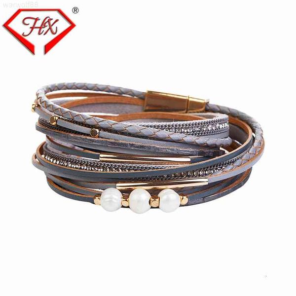 

luxury 2021 pearl woven magnetic buckle long snake skin leather multi-layer designer jewelrymen bracelets, Golden;silver