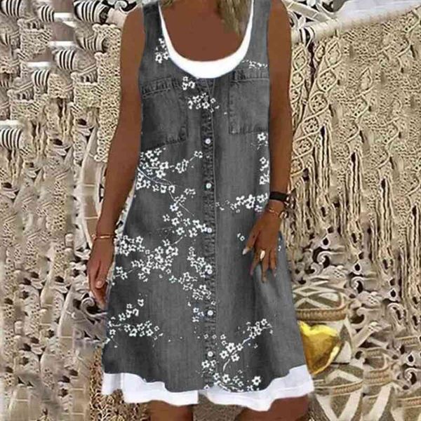 

summer vintage digital print womens dress colorful loose elegant o neck sleeveless party casual mujer 4xl, Black;gray