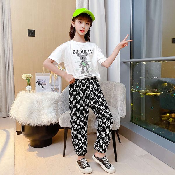 

girls' street blasting suit summer short sleeve middle school children's korean two piece set fashion, White