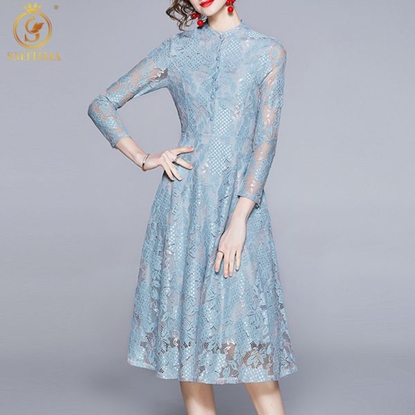 

fashion designer spring elegant lace hollow out dresses robe women o-neck slimtemperament vintage midi dress 210520, Black;gray