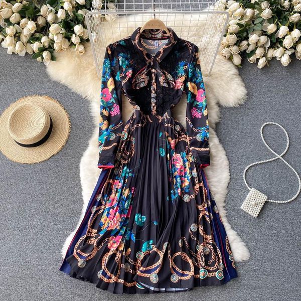 

casual dresses 2021 autumn retro print pleated dress scarf collar long sleeve a-line fashion streetwear midi, Black;gray