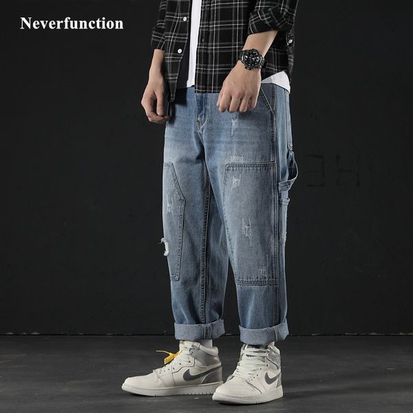 

jeans fashion men vintage destroyed ripped hip hop streetwear skateboard male denim straight beggar, Blue