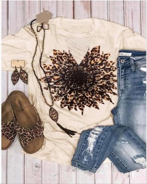 

latest casual sunflower printed women gradient tie dye cross straps tee fashion short sleeve loose, White