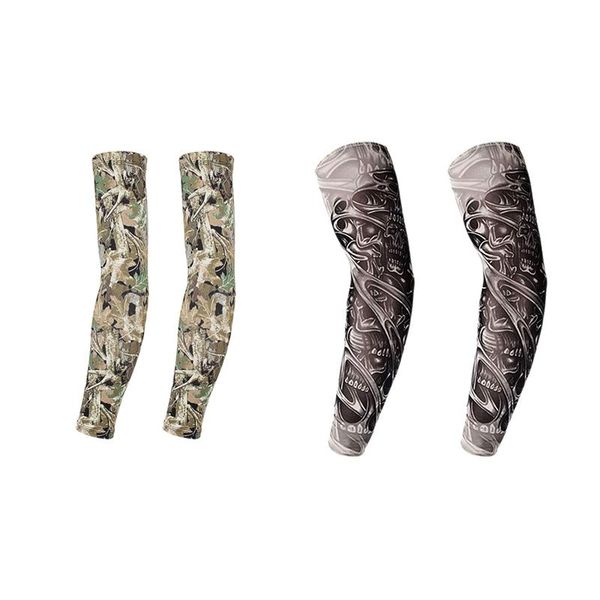 

pair cooling arm sleeves sun uv protection cover cycling for men women camouflage & fake tattoo elbow knee pads, Black;gray