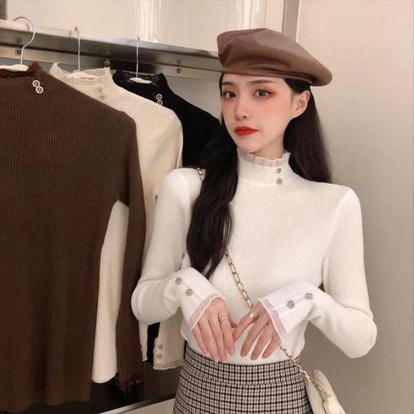 

woman pull hiver turtleneck womens sweaters knitting slim fit lace stitching sweater femme chandails, White;black
