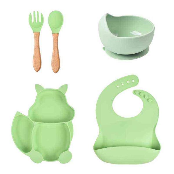 

5pcs baby tableware kit silicone bibs squirrel divided dinner plate sucker bowl spoon fork set training feeding food utensil g1210