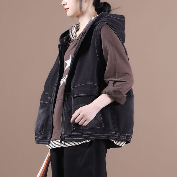 

black denim vest fall clothing female simple large pockets loose with hoodie washed vintage jacket k1249 8vj0, Black;brown