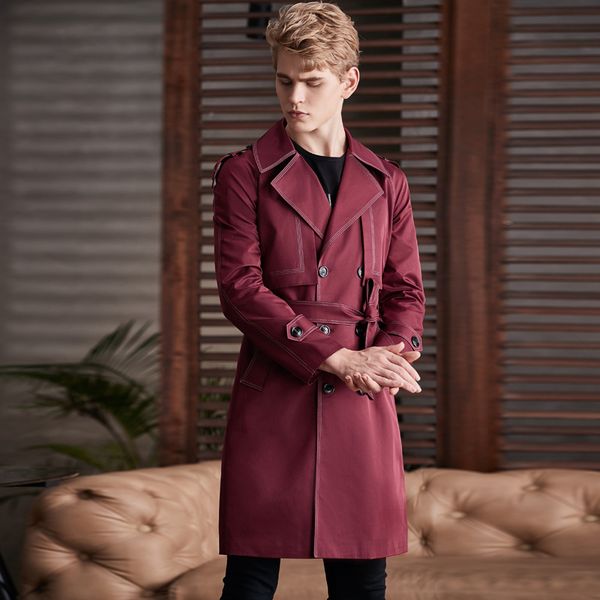 

wine red men trench coat hesperian style long windbreaker 2022 spring autumn color contrast fashion handsome claret overcoat, Tan;black