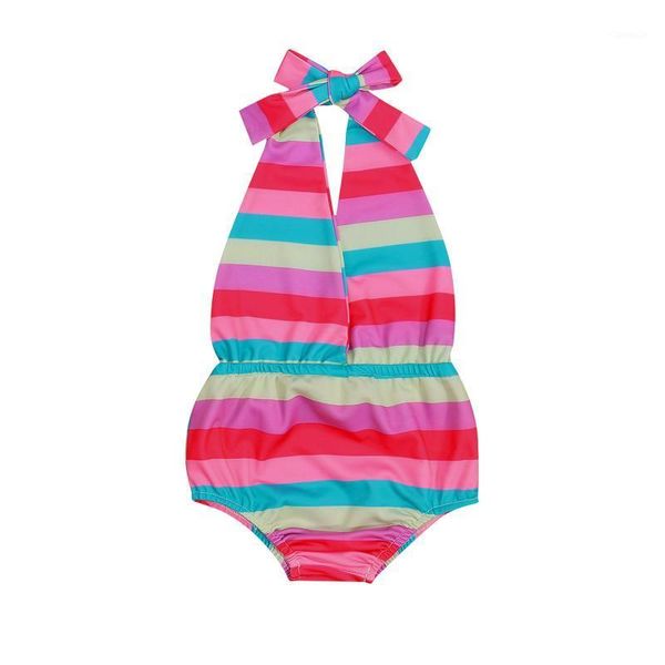 

0-4y girls casual backless swimwear multicolor striped print v-neck sleeveless off-the-shoulder halter summer beachwear one-pieces, Black