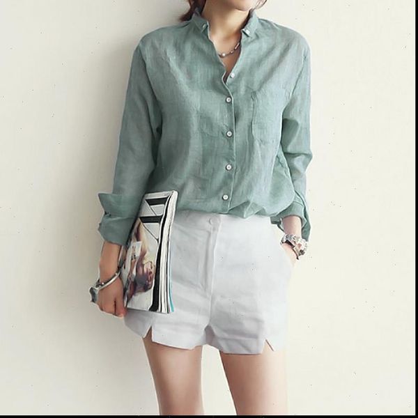 

women linen blouses cotton shirts summer autumn long sleeve v neck casual lady solid thin buckle loose plus size, White