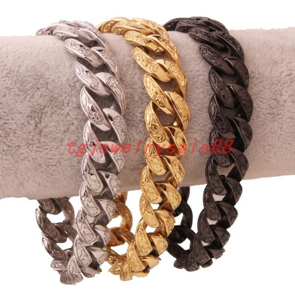 

link, chain gold color black stainless steel casting curb link bracelet bangle men's punk cuff jewelry 9"*15mm