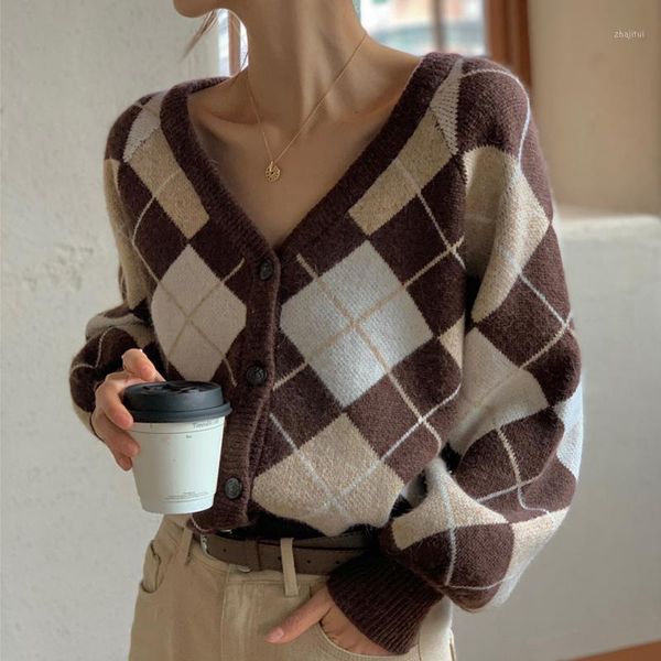 

women's sweaters oversized sweater cardigan autumn women v-neck argyle cardigans lazy style long sleeve loose knit rebeca punto mujer, White;black