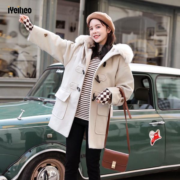 

women's wool & blends women jacket autumn winter 2021 fashion fur collar hooded coat horn button loose woolen outerwear girl student, Black