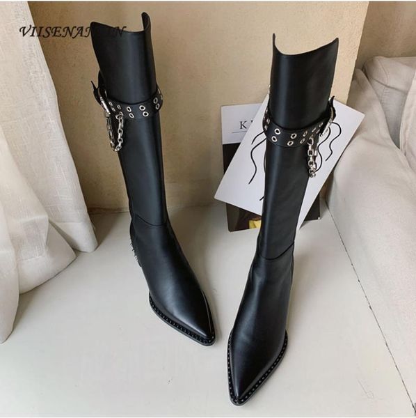 

boots solid color rivet pointed metal chain long tube asymmetrical handsome buckle heel rider, Black