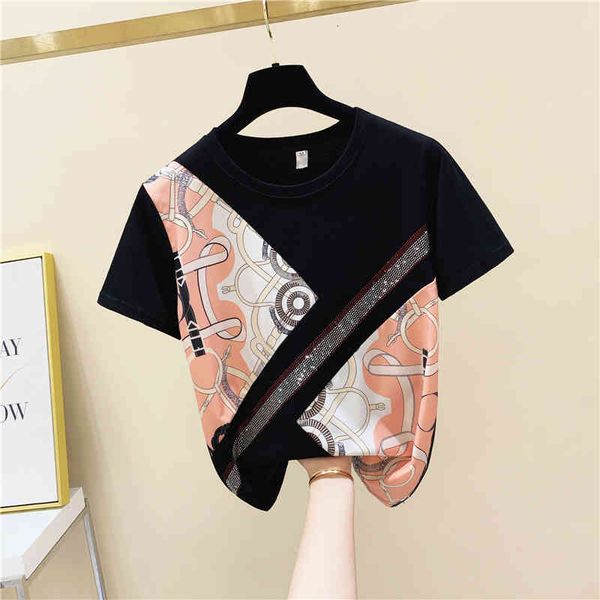 

t shirt printed stitching drilling contrasting color short sleeve cotton t-shirt women's summer korean-style loose t shirt tee, White