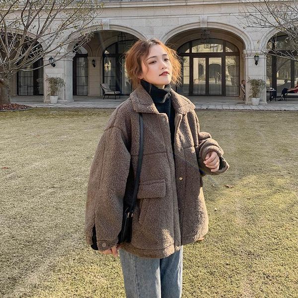 

jacket women coat coffee color lamb wool for winter loose crop veste manteau femme women's & blends, Black