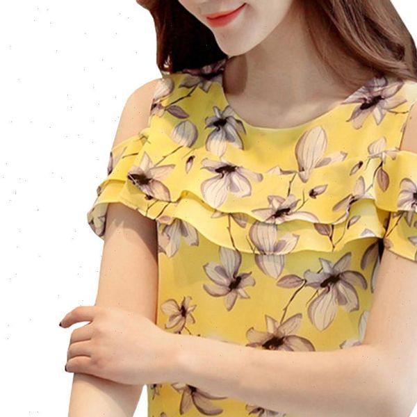 

summer chiffon off shoulder ruffles women shirts casual floral print plus size o neck loose shirt yl5, White