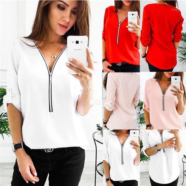

cross-border source women clothing of european and american spring 2021 -selling solid color zipper women's t-shirt, White