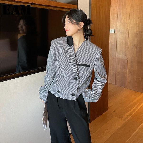 

women's suits & blazers [eam] women black plaid irregular short blazer lapel long sleeve loose fit jacket fashion tide spring autumn 20, White;black