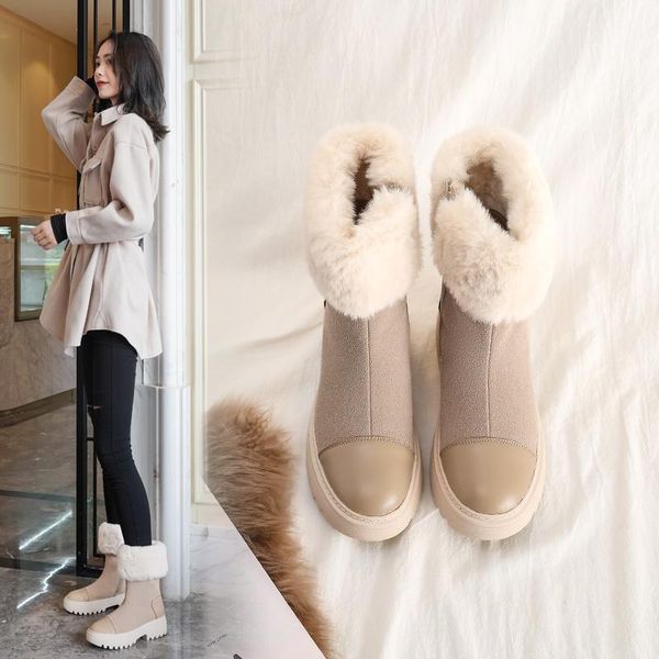 

boots women's winter mid-calf snow plush lining med heels platform round toe warm shoes black apricot b232