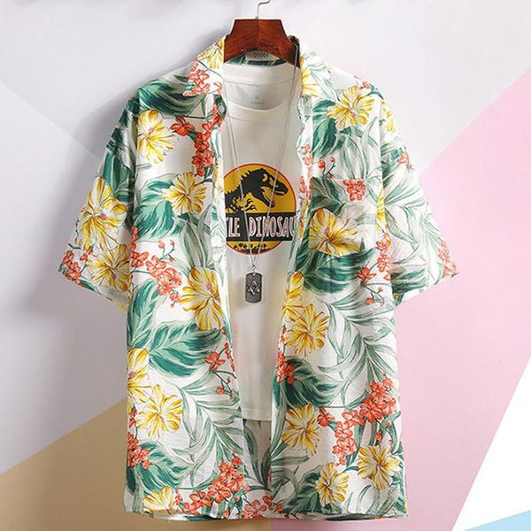 

flroal printed mens hawaiian shirt 2021 fashion short sleeve aloha shirts holiday vacation clothing chemise homme men's casual, White;black