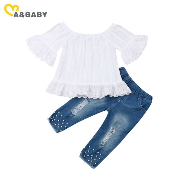 9M-5Y Herbst Frühling Kleinkind Kinder Baby Mädchen Kleidung Sets Rüschen Weiß Tops Perle Denim Hosen Jeans Outfits Set 210515