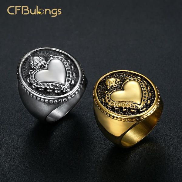 

cluster rings cfbulongs cool gold retro crown heart charm men's ring 316l stainless steel fashion jewelry cycling, Golden;silver