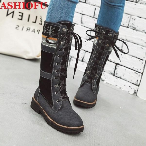 

boots ashiofu classic handmade women's block heels patchwork leather party prom mid-calf evening club fashion, Black