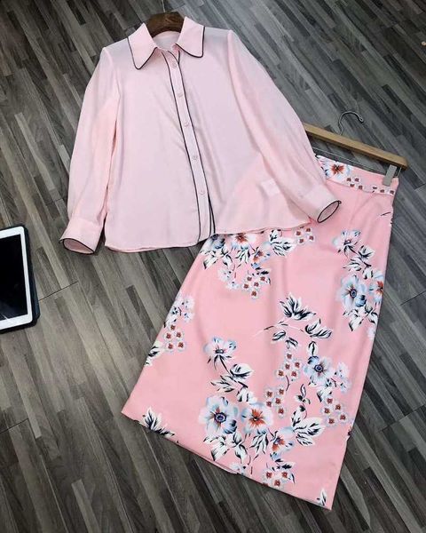 

casual dresses summer runway women's turn-down collar pink shirts + flower print midi pencil skirt joint 2 xb6s, Black;gray