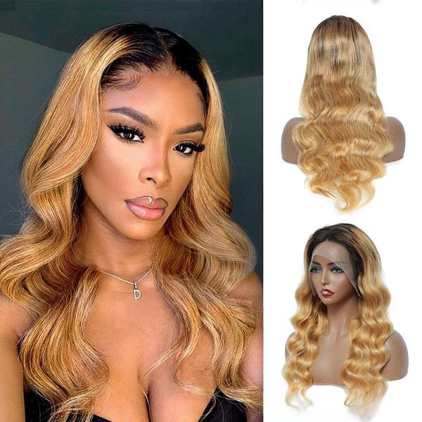 

lace wigs 4x4 ombre body wave clusure wig human hair 150% t part glueless highlight pre plucked with baby for black woman, Black;brown