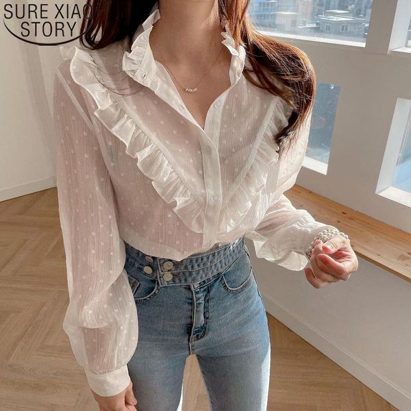 

women's blouses & shirts 2021 ruffled dot print see through shirt sweet chiffon women long sleeve spring button up ropa de mujer 13575, White