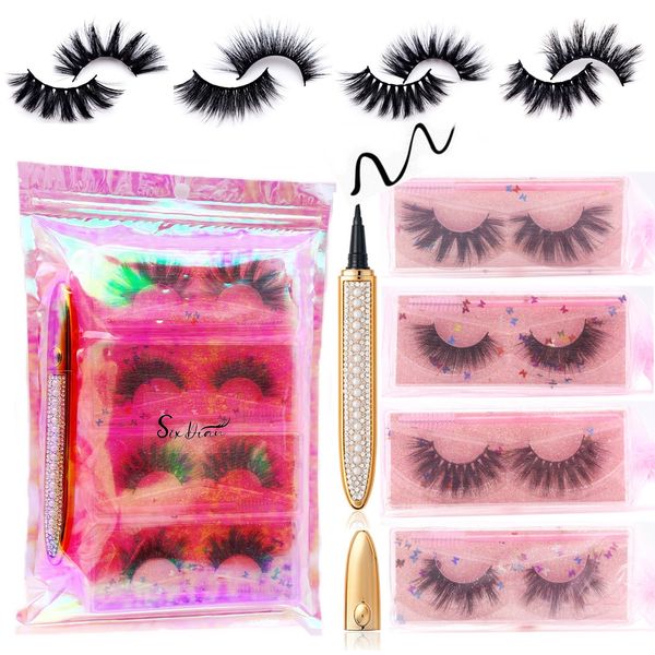 3D Faux Vizon Kirpik Sihirli Eyeliner Tutkal Kalem Kiti 4 Paket Yumuşak Doğal Lashes Uzatma Yeniden Kullanılabilir Yanlış Kirpikler Sıvı Su Geçirmez Kendinden Yapışkanlı Eyelinerler Kalemler