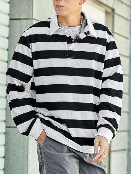 

men striped polo neck pullover without tee l4ah#, Black