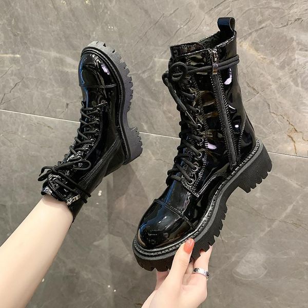 

boots lace up female shoes boots-women round toe flat heel ladies 2021 med rock black lolita autumn riding solid pu cotton fabri