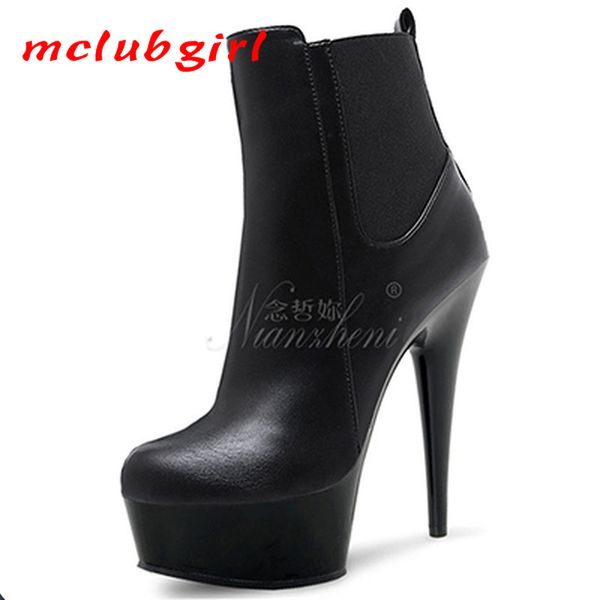

mclubgirl 15cm heels solid round head and cool casual low barrel belt buckle ultra-high thin heel leather stitched boots lyp 210507, Black