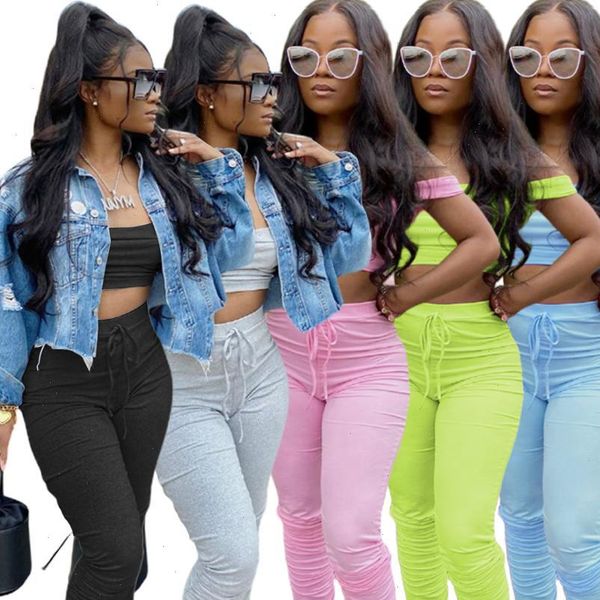 

two womens tracksuits piece set tracksuit women slash neck crop and long pants ruched solid club sets, Gray