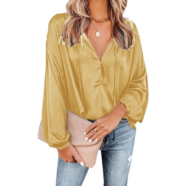 

women's blouses & shirts 67jf women long flare sleeve deep v-neck ladies casual solid color loose shirt streetwear, White