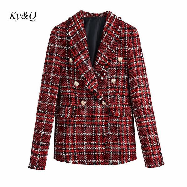 

autumn winter runway fashion red plaid suiting coat elegant temperament women long sleeve double-breasted outwear women's suits & blaze, White;black