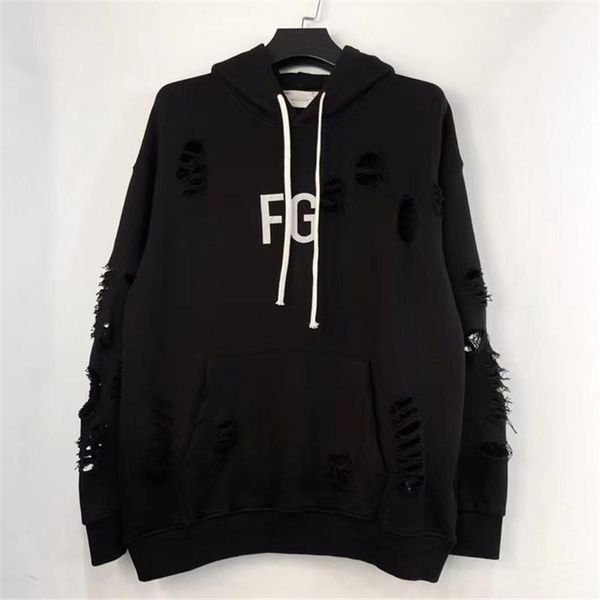 

damage hole distressed fg essentials hoodie men women fog pullover hoody sweatshirts xxxtentacion travis scott, Black