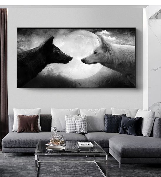 Pôsteres de pintura de lona de lobo preto e branco Pôsteres Impressões Animal Fotos para a sala de estar Decorative Home Decor