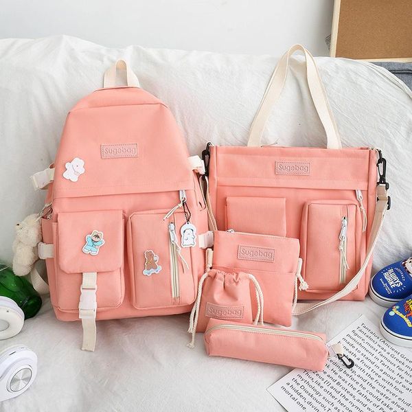 

school bags 5 pcs sets canvas for teenage girls women trend female backpack nylon child student shoulder bag
