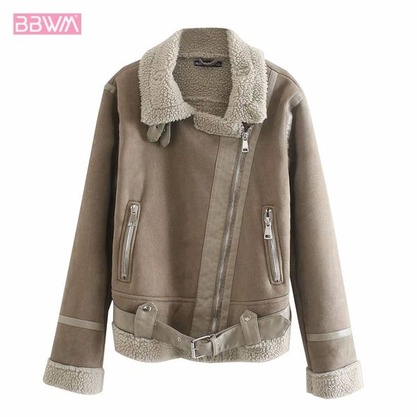 

vintage thicken and keep warm in winter faux fur with belt overcoat fashion long sleeve with pockets coat chic female 210507, Black
