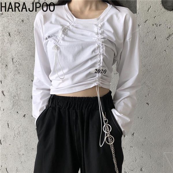 

women's t-shirt harajpoo women goth t shirts spring autumn korea ins retro vintage drawstring strap irregular o neck loose long sleeve, White